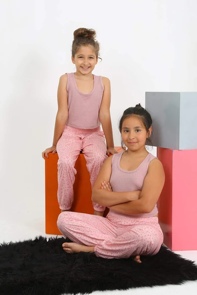 Kız Çocuk Sıfır Kol Gül Kurusu Penye Pijama Takım 20433 - 4
