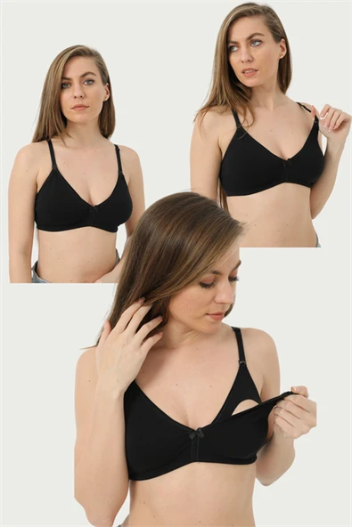 3'lü Paket Siyah Emzirme Sütyeni Pamuklu Likralı