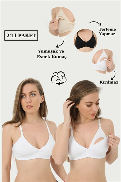 2'li Paket Beyaz Emzirme Sütyeni Pamuklu Likralı