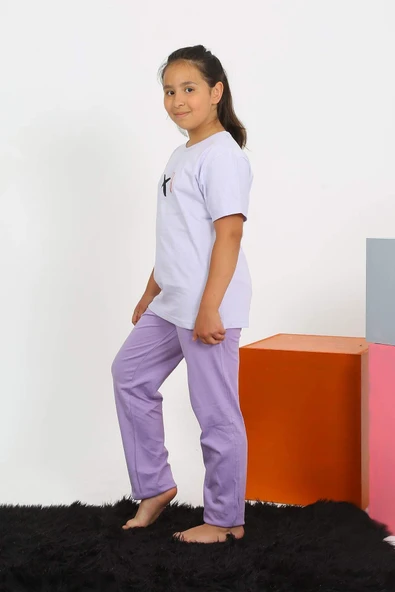 Kız Çocuk Kısa Kol Lila Penye Pijama Takım 20432 - 4