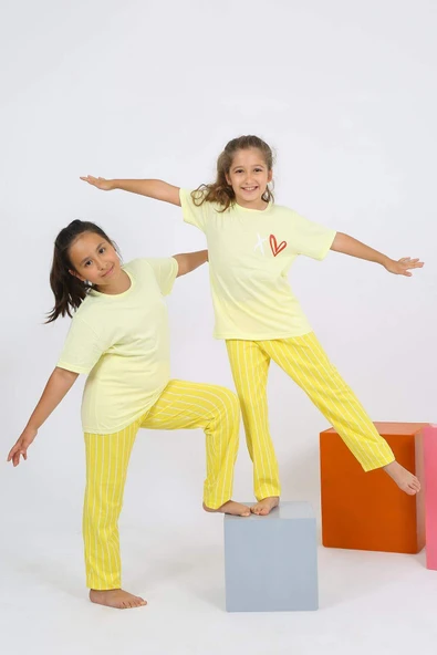 Kız Çocuk Kısa Kol Sarı Penye Pijama Takım 20432 - 4
