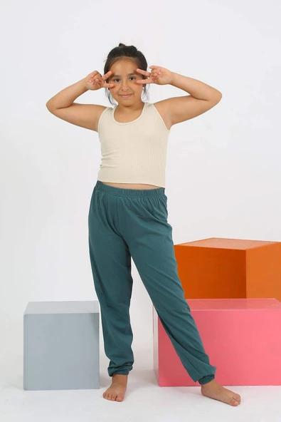 Kız Çocuk Sıfır Kol Ten Rengi Penye Pijama Takım 20433 - 3