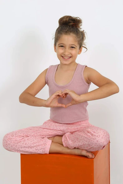 Kız Çocuk Sıfır Kol Gül Kurusu Penye Pijama Takım 20433 - 3
