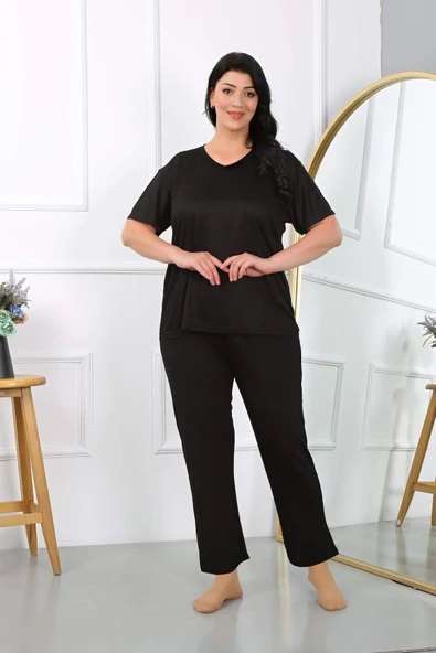 Kadın Büyük Beden  Kısa Kol Penye Pijama Takımı Siyah 202405 - 3