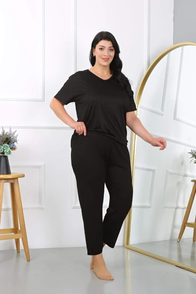 Kadın Büyük Beden  Kısa Kol Penye Pijama Takımı Siyah 202405 - 4