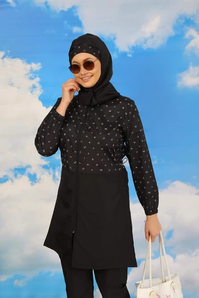 Kadın Pantolonlu Desenli Tam Tesettür Mayo Siyah 31074