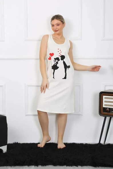 Kadın Kalın Askılı Penye Uzun Ekru Gecelik 12001 - Resim 4