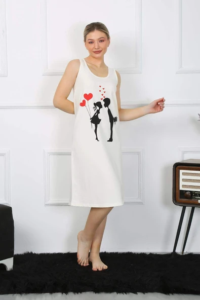 Kadın Kalın Askılı Penye Uzun Ekru Gecelik 12001 - Resim 5