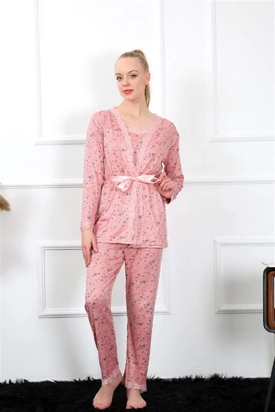 Kadın 3'lü Gül Kurusu Sabahlık Pijama Takım 16103 - 8