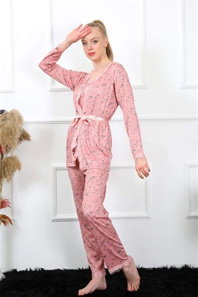 Kadın 3'lü Gül Kurusu Sabahlık Pijama Takım 16103
