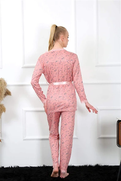 Kadın 3'lü Gül Kurusu Sabahlık Pijama Takım 16103 - 10
