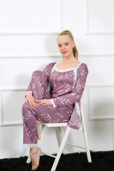 Kadın 3'lü Lila Sabahlık Pijama Takım 16103