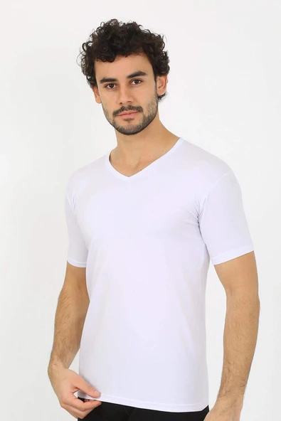 Erkek Likralı V Yaka Beyaz T-Shirt 65700 - 3