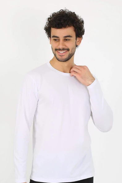 Erkek Sıfır Yaka Uzun Kol Beyaz Fanila 6590 - 5