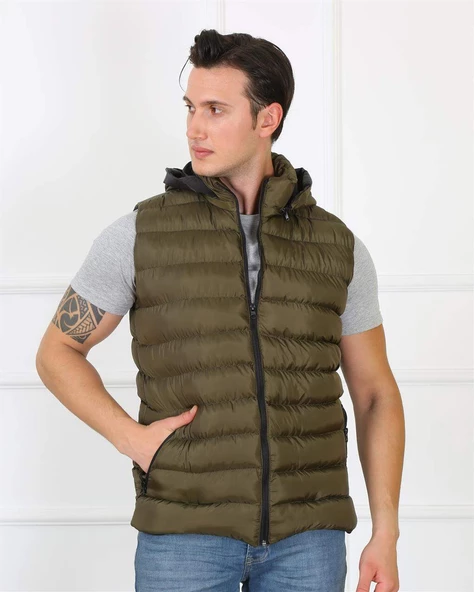 Erkek Kapşonlu Haki Şişme Yelek 75100 - Resim 4