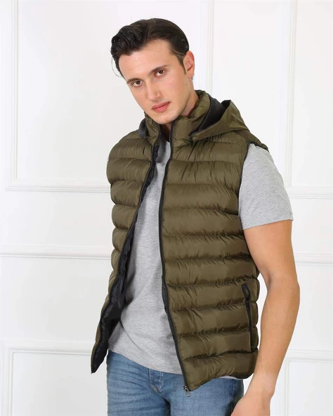 Erkek Kapşonlu Haki Şişme Yelek 75100 - Resim 2