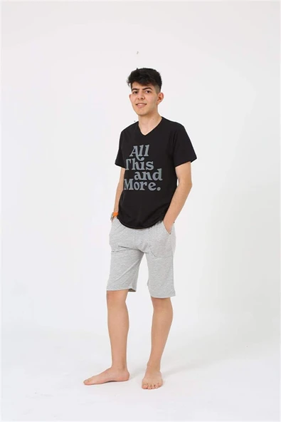 Erkek Genç Garson Boy Kısa Kol Siyah Penye Şortlu Pijama Takımı 20377 - 8