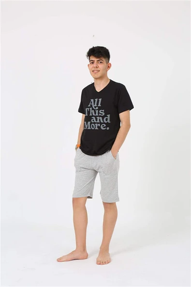 Erkek Genç Garson Boy Kısa Kol Siyah Penye Şortlu Pijama Takımı 20377 - 3