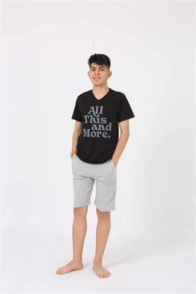 Erkek Genç Garson Boy Kısa Kol Siyah Penye Şortlu Pijama Takımı 20377