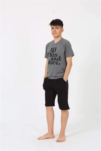 Erkek Genç Garson Boy Kısa Kol Antrasit Penye Şortlu Pijama Takımı 20377 - 5