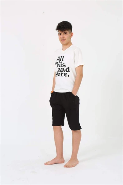 Erkek Genç Garson Boy Kısa Kol Ekru Penye Şortlu Pijama Takımı 20377 - 7