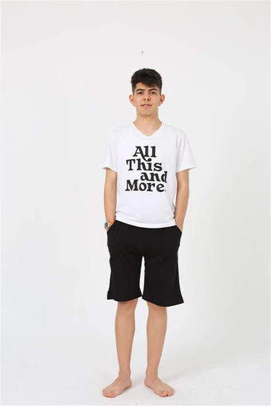 Erkek Genç Garson Boy Kısa Kol Beyaz Penye Şortlu Pijama Takımı 20377 - 5