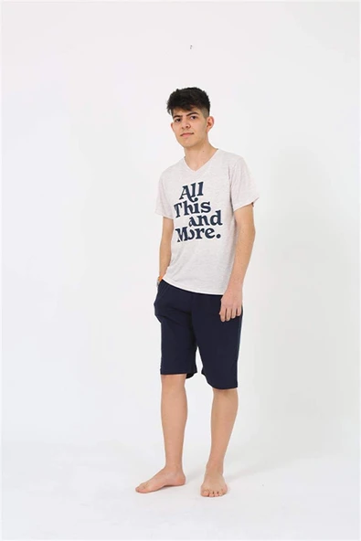 Erkek Genç Garson Boy Kısa Kol Krem Penye Şortlu Pijama Takımı 20377 - 5