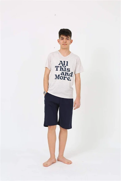 Erkek Genç Garson Boy Kısa Kol Krem Penye Şortlu Pijama Takımı 20377 - 7