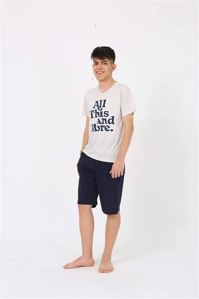 Erkek Genç Garson Boy Kısa Kol Krem Penye Şortlu Pijama Takımı 20377 - 6