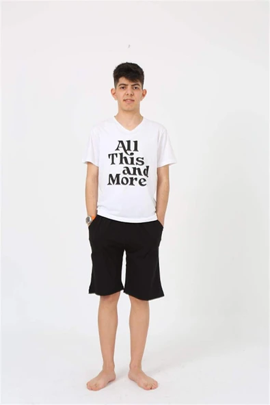 Erkek Genç Garson Boy Kısa Kol Beyaz Penye Şortlu Pijama Takımı 20377 - 7