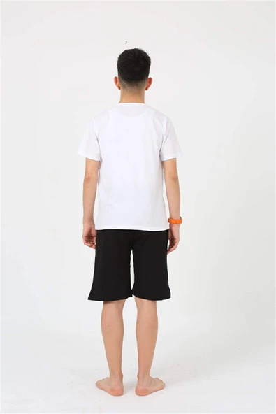 Erkek Genç Garson Boy Kısa Kol Beyaz Penye Şortlu Pijama Takımı 20377 - 4