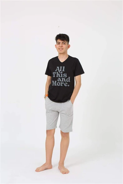 Erkek Genç Garson Boy Kısa Kol Siyah Penye Şortlu Pijama Takımı 20377 - 6