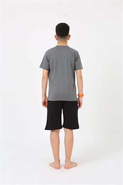 Erkek Genç Garson Boy Kısa Kol Antrasit Penye Şortlu Pijama Takımı 20377 - 6