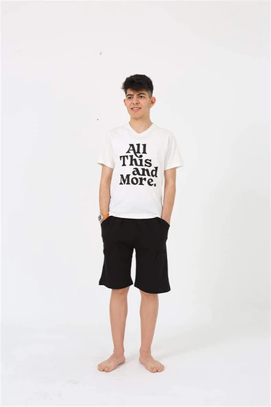 Erkek Genç Garson Boy Kısa Kol Ekru Penye Şortlu Pijama Takımı 20377 - 5