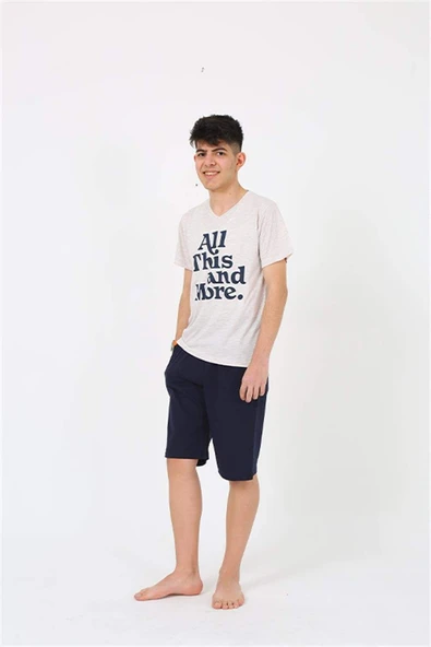 Erkek Genç Garson Boy Kısa Kol Krem Penye Şortlu Pijama Takımı 20377 - 8