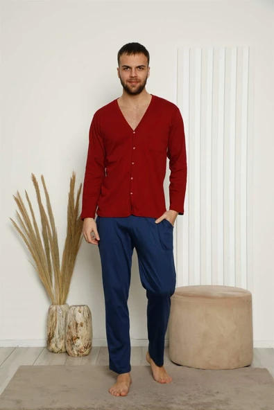 Erkek %100 Pamuk Önden Düğmeli Cepli Uzun Kollu Pijama Takımı 6767 - 6