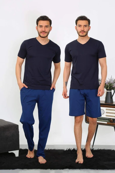 Erkek Penye 3'lü Lacivert V Yaka Pijama Takımı 6822 - 11