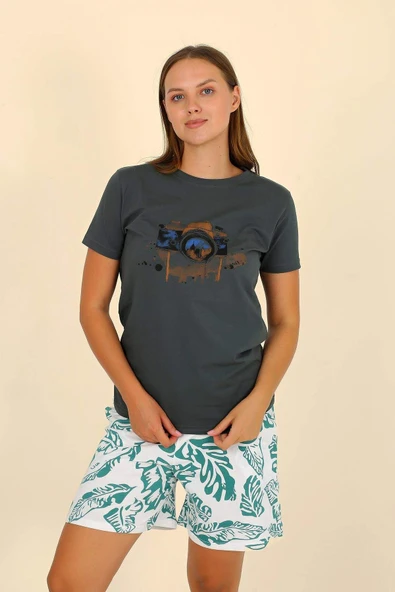 Kadın Şortlu Kısa Kol Penye Pijama Takımı Yeşil 3625