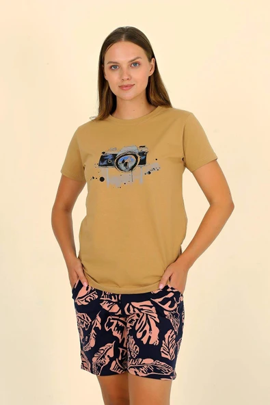 Kadın Şortlu Kısa Kol Penye Pijama Takımı Hardal 3622