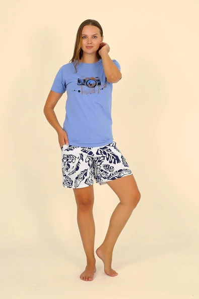 Kadın Şortlu Kısa Kol Penye Pijama Takımı Mavi 3622