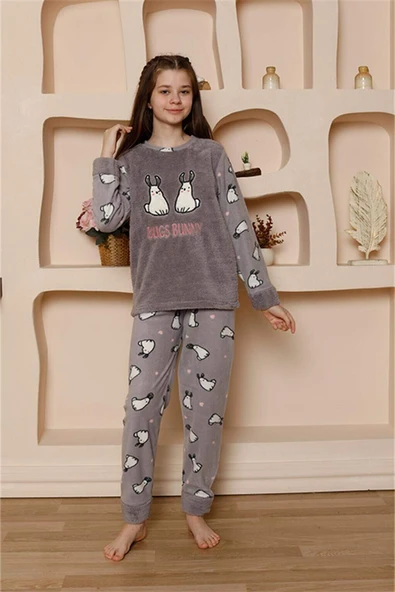 Kız Çocuk WelSoft Polar Gri Pijama Takımı 20524 - 2