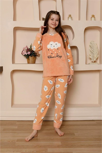 Kız Çocuk WelSoft Polar Turuncu Pijama Takımı 20527 - 2
