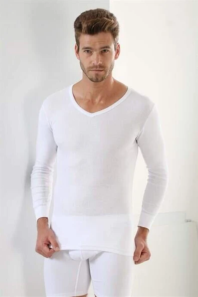 Beyaz Erkek Badi Uzun Kollu T-Shirt V Yaka Basic %100 Pamuk Ribana
