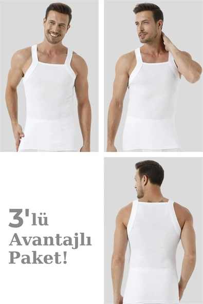 %100 Pamuk Ribana Erkek Beyaz Geniş Biyeli Atlet 3'lü Paket