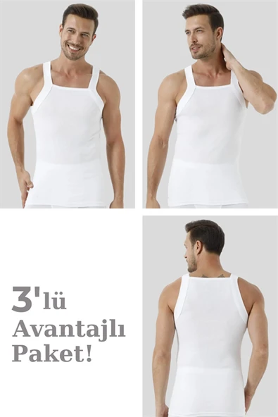 %100 Pamuk Ribana Erkek Beyaz Geniş Biyeli Atlet 3'lü Paket