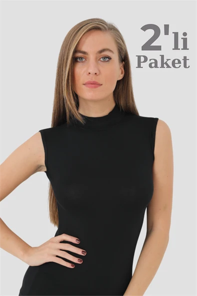 2 Adet Siyah Bambu Kadın Balıkçı Yaka Sıfır Kol Body Boğazlı Kolsuz Badi
