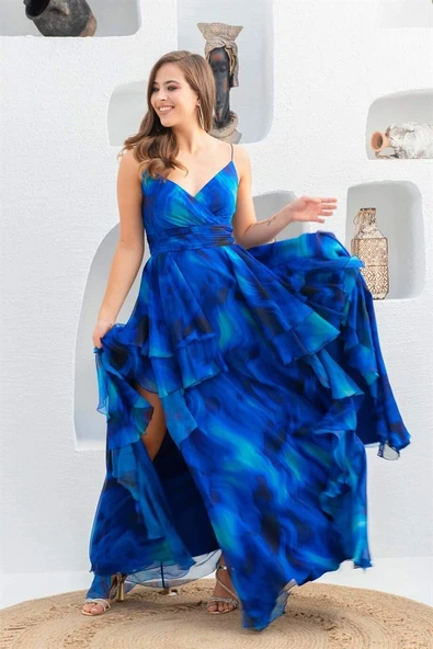 Eva Fashion Saks Empirme Bacak Dekolteli Uzun Abiye Elbise - 2