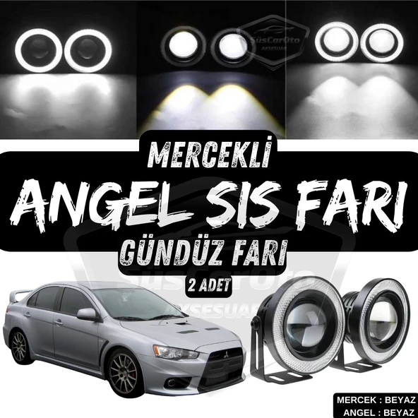 Mitsubishi Lancer 2007-2014 Uyumlu Üniversal Mercekli Angel Sis Farı Metal Su Geçirmez 76 mm Beyaz Halkalı Gündüz Farı Angel Eyes 2 Adet