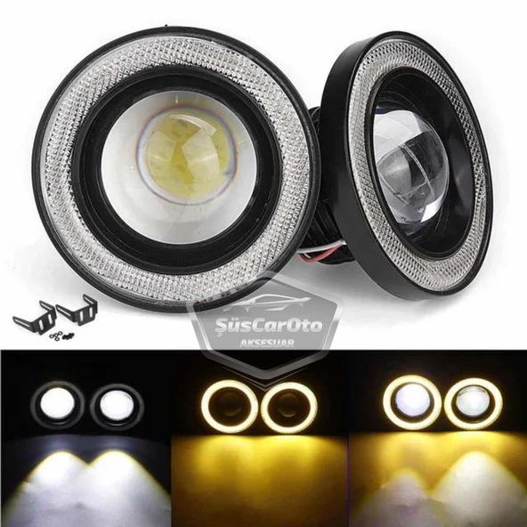 Mitsubishi Lancer 2007-2014 Uyumlu Üniversal Mercekli Angel Sis Farı Metal Su Geçirmez 76 mm Sarı Halkalı Gündüz Farı Angel Eyes 2 Adet - 2