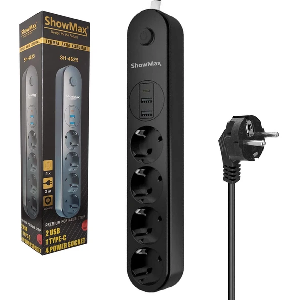 Showmax SH-4625 4Lü Akım Korumalı Priz 2 Metre Anahtarlı 10A 2500 Watt 2XUSB 1XType-c